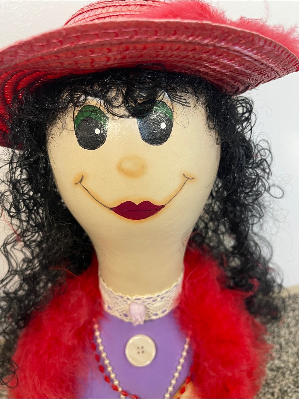 Old Biddy art decor purple and red with black hair and green eyes